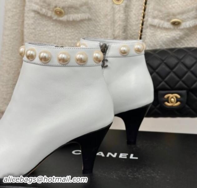 Duplicate Chanel Lambskin Ankle Boots 7cm with Pearls White 121064