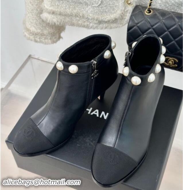 Most Popular Chanel Lambskin Ankle Boots 7cm with Pearls Black 121065