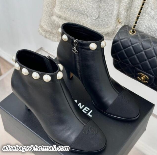 Most Popular Chanel Lambskin Ankle Boots 7cm with Pearls Black 121065