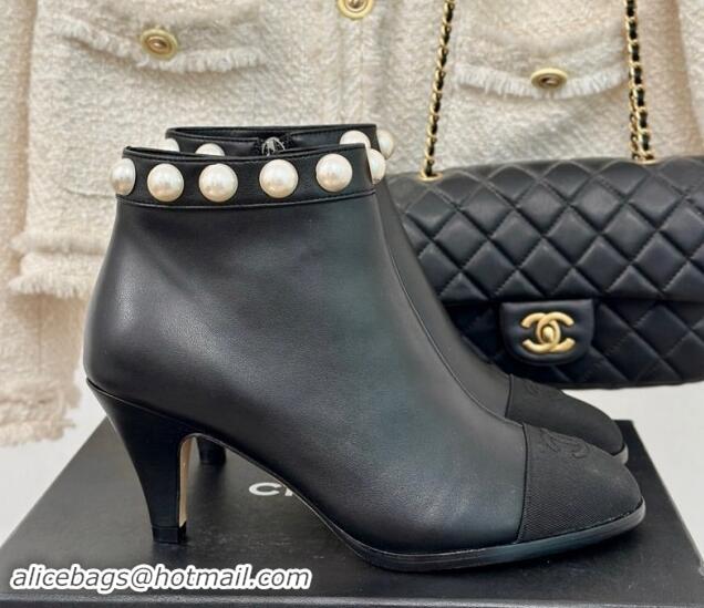 Most Popular Chanel Lambskin Ankle Boots 7cm with Pearls Black 121065