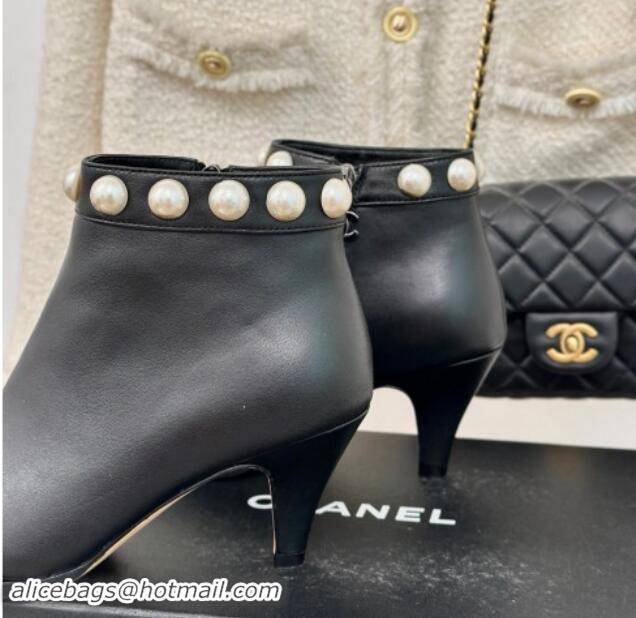 Most Popular Chanel Lambskin Ankle Boots 7cm with Pearls Black 121065