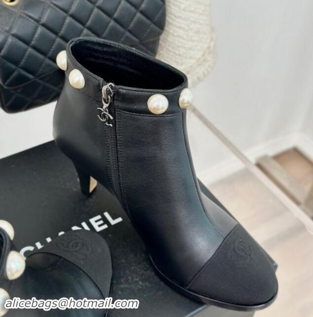 Most Popular Chanel Lambskin Ankle Boots 7cm with Pearls Black 121065