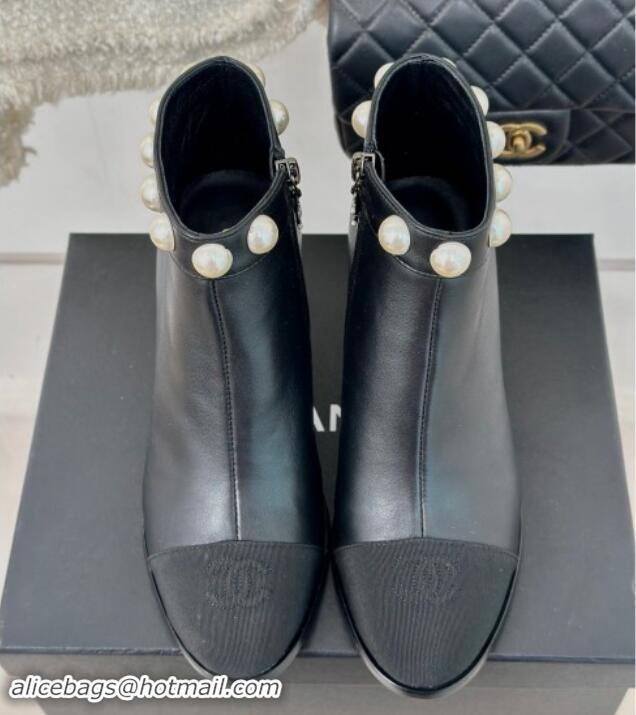 Most Popular Chanel Lambskin Ankle Boots 7cm with Pearls Black 121065