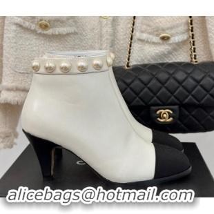 Unique Style Chanel Lambskin Ankle Boots 7cm with Pearls White 1121066