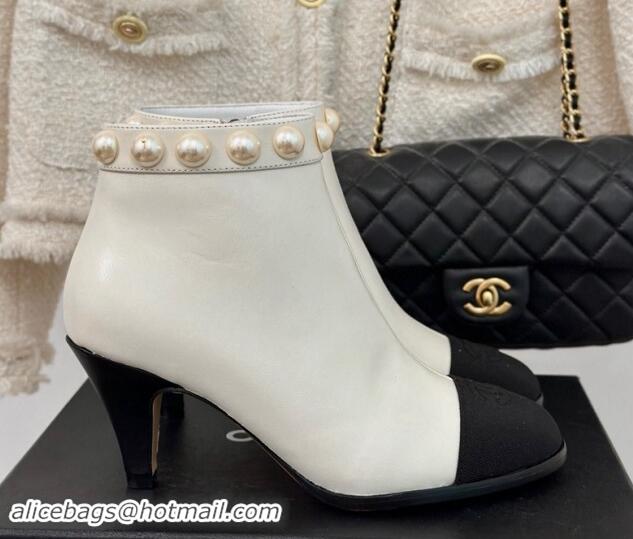 Unique Style Chanel Lambskin Ankle Boots 7cm with Pearls White 1121066