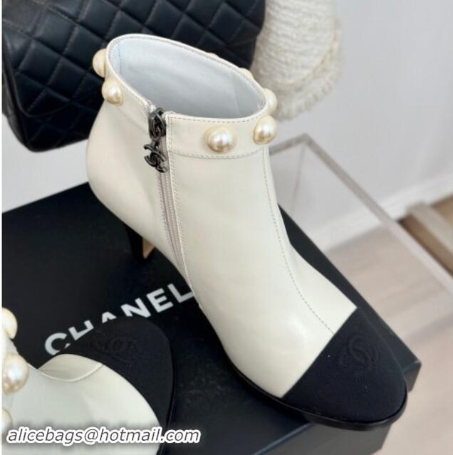 Unique Style Chanel Lambskin Ankle Boots 7cm with Pearls White 1121066