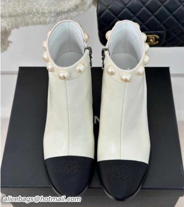 Unique Style Chanel Lambskin Ankle Boots 7cm with Pearls White 1121066