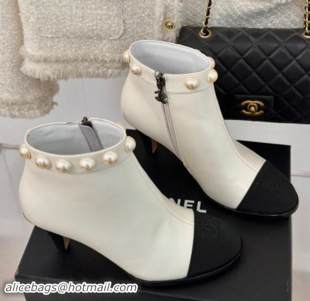 Unique Style Chanel Lambskin Ankle Boots 7cm with Pearls White 1121066