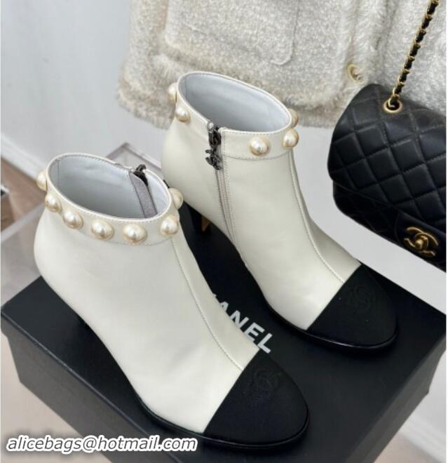 Unique Style Chanel Lambskin Ankle Boots 7cm with Pearls White 1121066