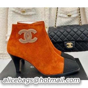 Low Cost Chanel Suede Ankle Boots 7cm with CC Patch Orange 121067