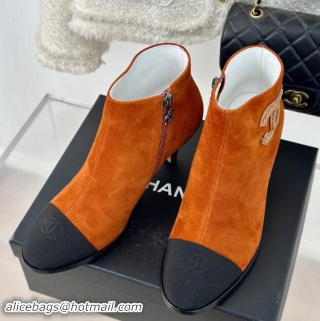 Low Cost Chanel Suede Ankle Boots 7cm with CC Patch Orange 121067