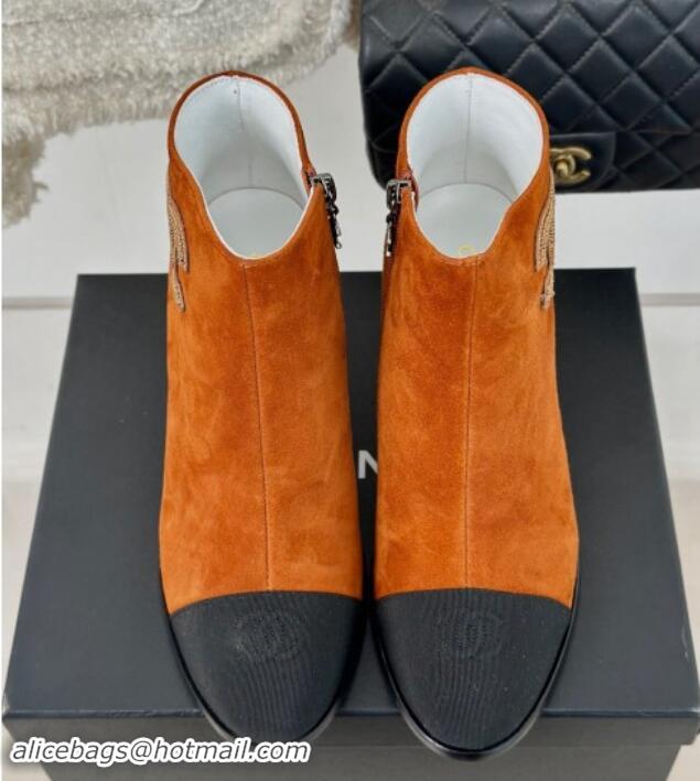 Low Cost Chanel Suede Ankle Boots 7cm with CC Patch Orange 121067