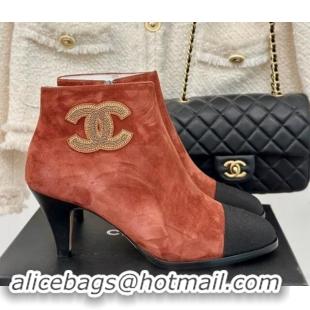 Popular Style Chanel Suede Ankle Boots 7cm with CC Patch Light Brown 121069