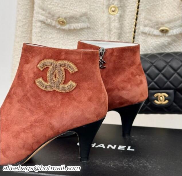 Popular Style Chanel Suede Ankle Boots 7cm with CC Patch Light Brown 121069