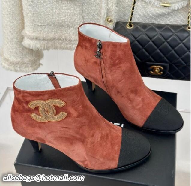 Popular Style Chanel Suede Ankle Boots 7cm with CC Patch Light Brown 121069