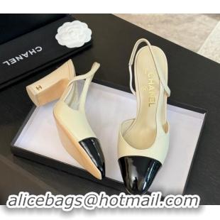 Pretty Style Chanel Printed Quilted Lambskin & Patent Calfskin Slingbacks Pumps 9.5cm White 1121070