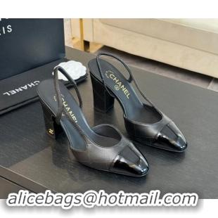 Charming Chanel Printed Quilted Lambskin & Patent Calfskin Slingbacks Pumps 9.5cm Black 1121071