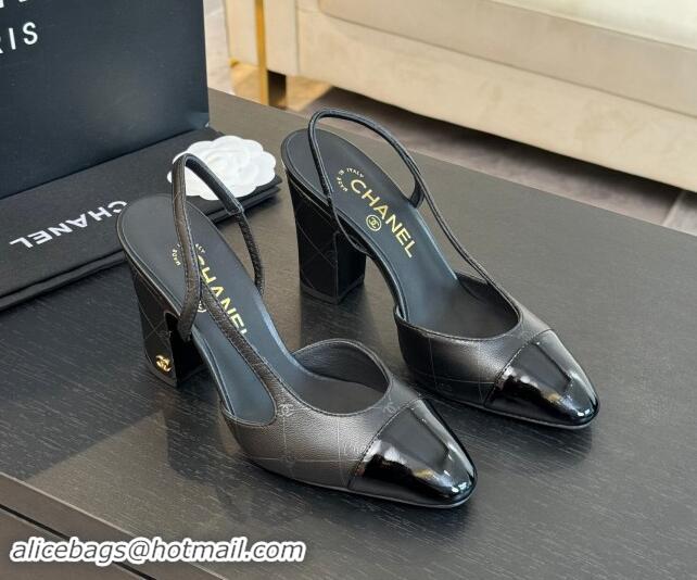 Charming Chanel Printed Quilted Lambskin & Patent Calfskin Slingbacks Pumps 9.5cm Black 1121071