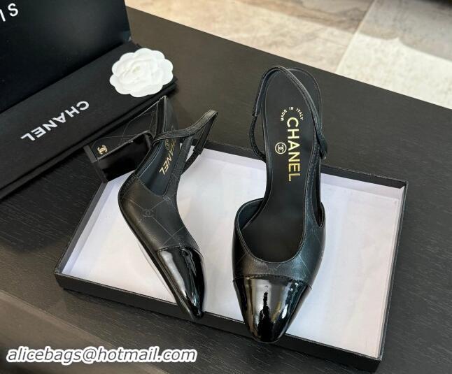 Charming Chanel Printed Quilted Lambskin & Patent Calfskin Slingbacks Pumps 9.5cm Black 1121071