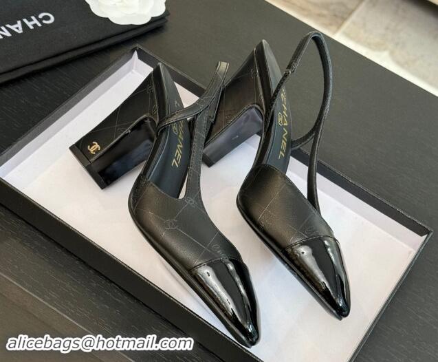 Charming Chanel Printed Quilted Lambskin & Patent Calfskin Slingbacks Pumps 9.5cm Black 1121071