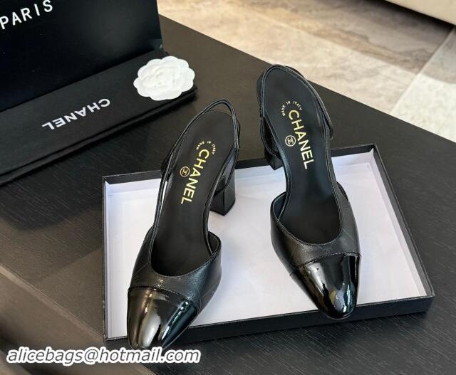 Charming Chanel Printed Quilted Lambskin & Patent Calfskin Slingbacks Pumps 9.5cm Black 1121071