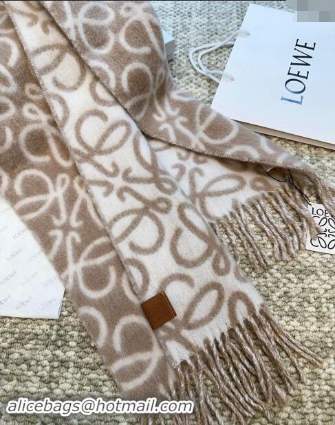 Top Design Loewe Anagram Wool and Alpaca Fur Long Scarf 36x186cm LW102101 Light Brown 2024