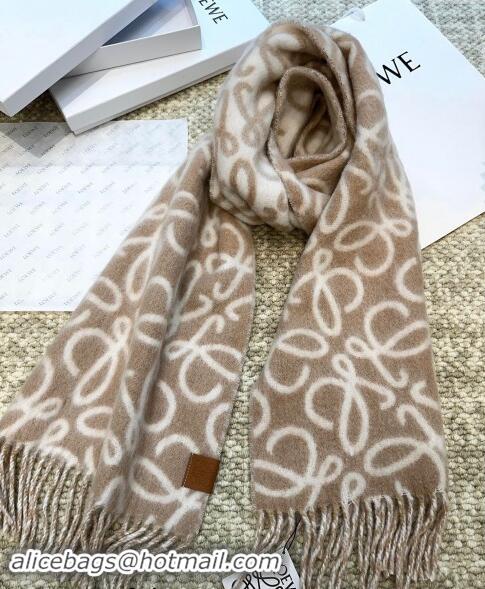 Top Design Loewe Anagram Wool and Alpaca Fur Long Scarf 36x186cm LW102101 Light Brown 2024