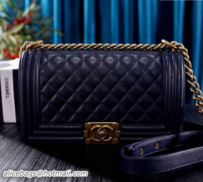 New Design Chanel Grained Calfskin Medium Classic Leboy Flap Bag A67086 Navy Blue/Gold