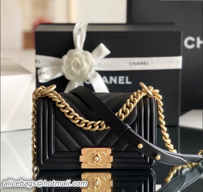 Good Taste Chanel Original Calfskin Leather Chevron Small Boy Flap Bag AS2630 Black/Gold 2023 Top Quality