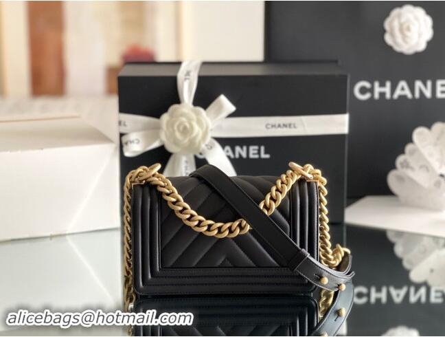 Good Taste Chanel Original Calfskin Leather Chevron Small Boy Flap Bag AS2630 Black/Gold 2023 Top Quality