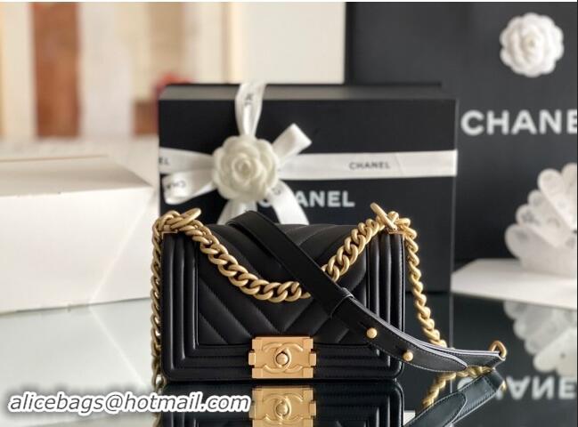 Good Taste Chanel Original Calfskin Leather Chevron Small Boy Flap Bag AS2630 Black/Gold 2023 Top Quality