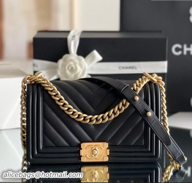 Reasonable Price Chanel Original Calfskin Leather Chevron Medium Boy Flap Bag AS2631 Black/Gold