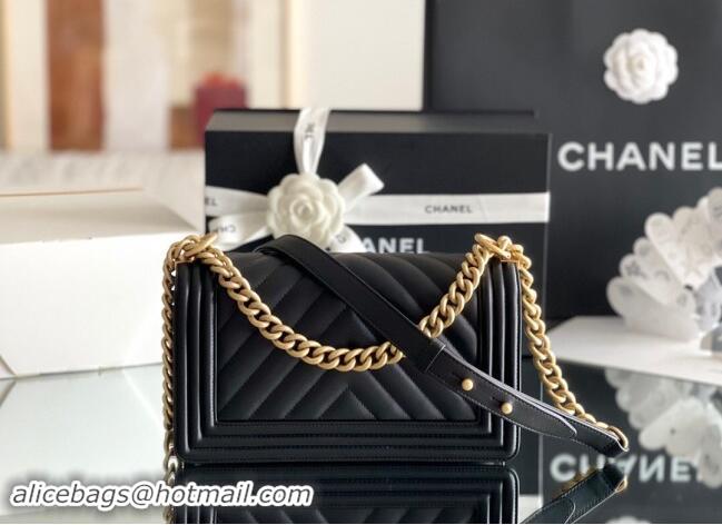 Reasonable Price Chanel Original Calfskin Leather Chevron Medium Boy Flap Bag AS2631 Black/Gold