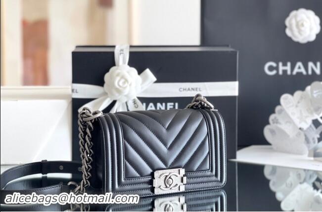 Discount Chanel Original Calfskin Leather Chevron Small Boy Flap Bag AS2630 Black/Silver 2023 Top Quality