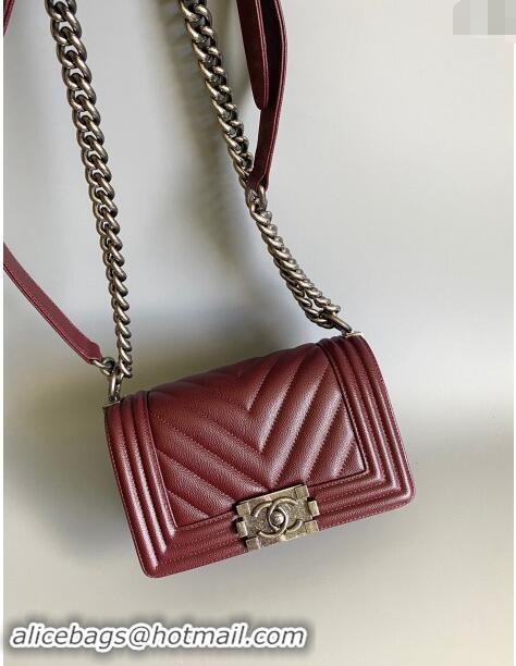 Top Grade Chanel Chevron Grained Calfskin Small Classic Le Boy Flap Bag A67085 Burgundy/Aged Silver