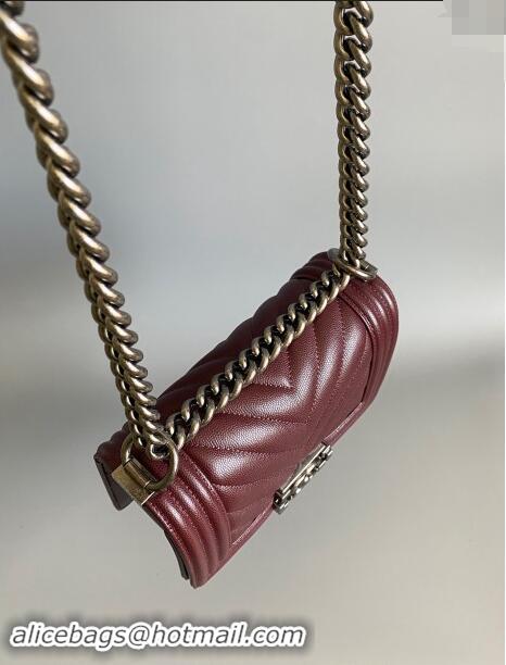 Top Grade Chanel Chevron Grained Calfskin Small Classic Le Boy Flap Bag A67085 Burgundy/Aged Silver