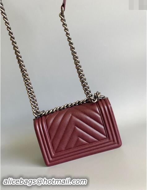 Top Grade Chanel Chevron Grained Calfskin Small Classic Le Boy Flap Bag A67085 Burgundy/Aged Silver