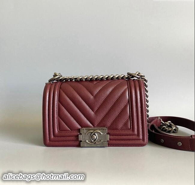 Top Grade Chanel Chevron Grained Calfskin Small Classic Le Boy Flap Bag A67085 Burgundy/Aged Silver