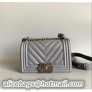 Top Grade Chanel Chevron Grained Calfskin Small Classic Le Boy Flap Bag A67085 Grey/Aged Silver