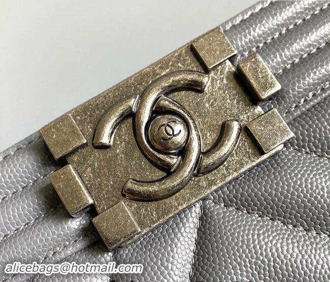 Top Grade Chanel Chevron Grained Calfskin Small Classic Le Boy Flap Bag A67085 Grey/Aged Silver