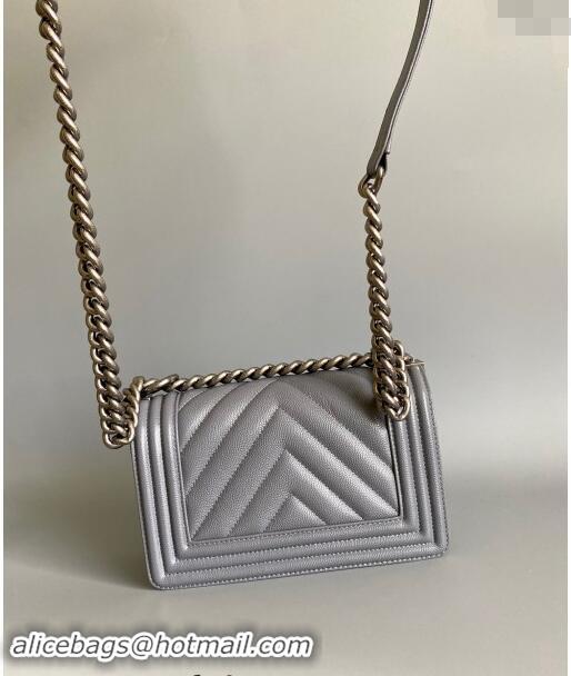 Top Grade Chanel Chevron Grained Calfskin Small Classic Le Boy Flap Bag A67085 Grey/Aged Silver