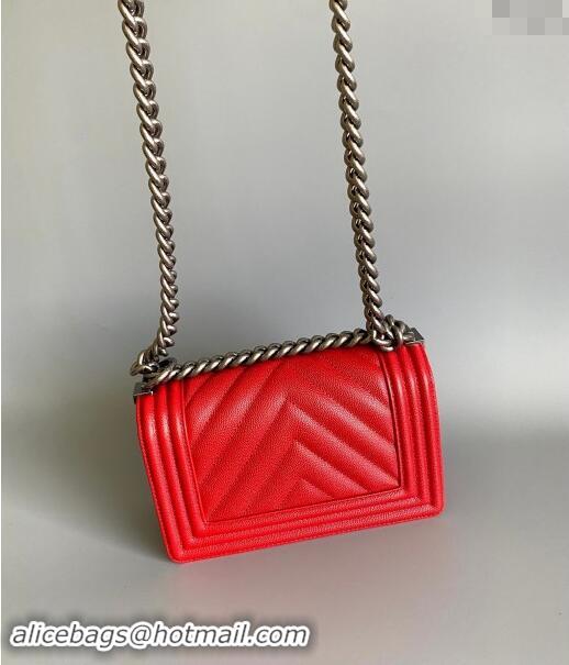 Top Grade Chanel Chevron Grained Calfskin Small Classic Le Boy Flap Bag A67085 Red/Aged Silver