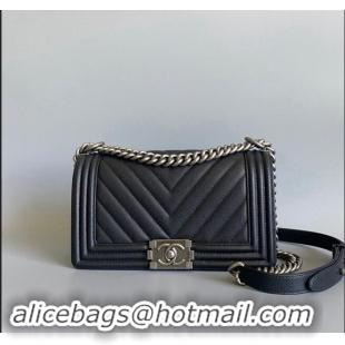 Best Quality Chanel Chevron Grained Calfskin Medium Classic Le Boy Flap Bag A67086 Black/Aged Silver