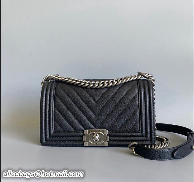 Best Quality Chanel Chevron Grained Calfskin Medium Classic Le Boy Flap Bag A67086 Black/Aged Silver