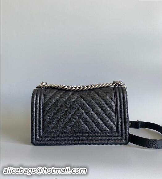 Best Quality Chanel Chevron Grained Calfskin Medium Classic Le Boy Flap Bag A67086 Black/Aged Silver