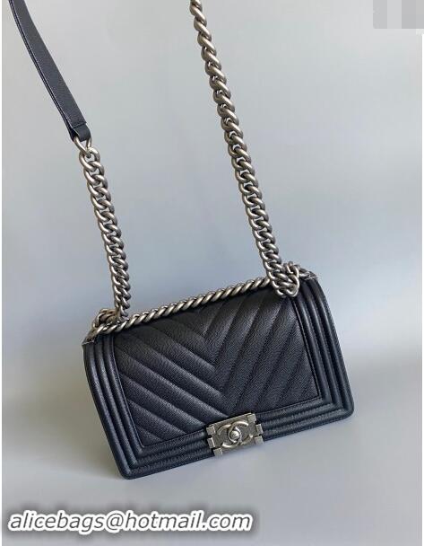 Best Quality Chanel Chevron Grained Calfskin Medium Classic Le Boy Flap Bag A67086 Black/Aged Silver