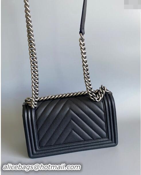 Best Quality Chanel Chevron Grained Calfskin Medium Classic Le Boy Flap Bag A67086 Black/Aged Silver