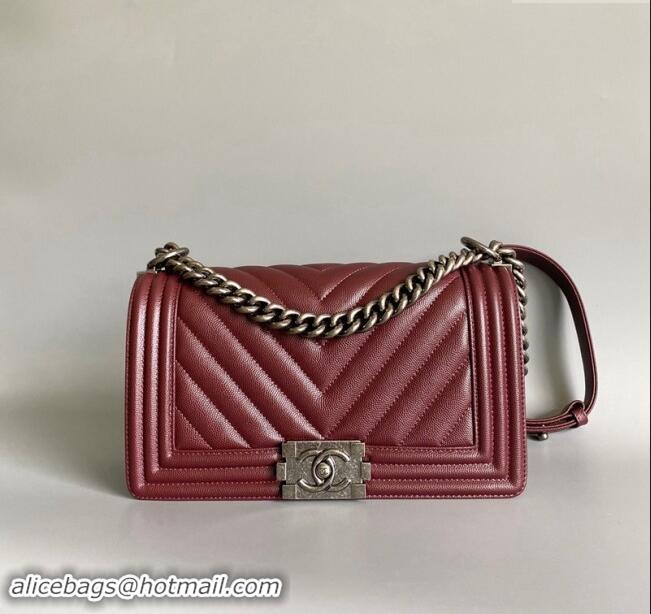 Grade Quality Chanel Chevron Grained Calfskin Medium Classic Le Boy Flap Bag A67086 Burgundy/Aged Silver