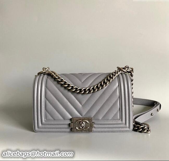 New Fashion Chanel Chevron Grained Calfskin Medium Classic Le Boy Flap Bag A67086 Grey/Aged Silver