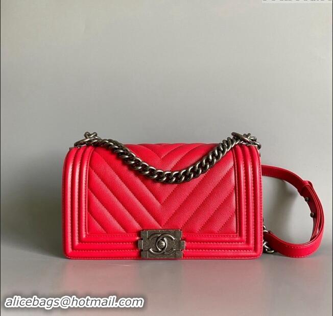 Discount Chanel Chevron Grained Calfskin Medium Classic Le Boy Flap Bag A67086 Red/Aged Silver